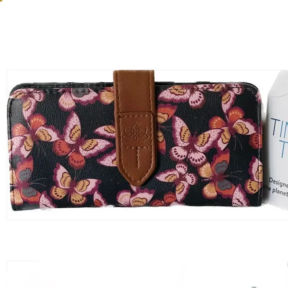 NWT Time and Tru Alexandra Black lilac butterflies Slim Faux leather Slim Wallet